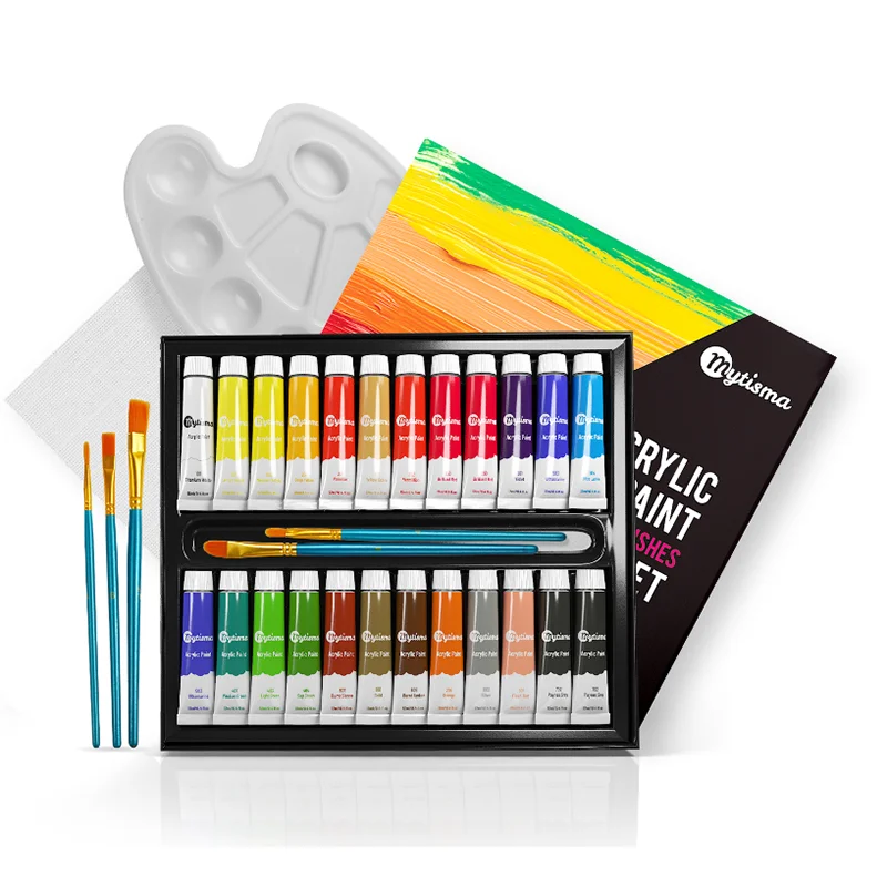 Bview Art 12ml Acrylic Non-Toxic Rich Pigments Paints Sets 24 Colors Acrylic Paint Set With Brush And Canvas for Artists
