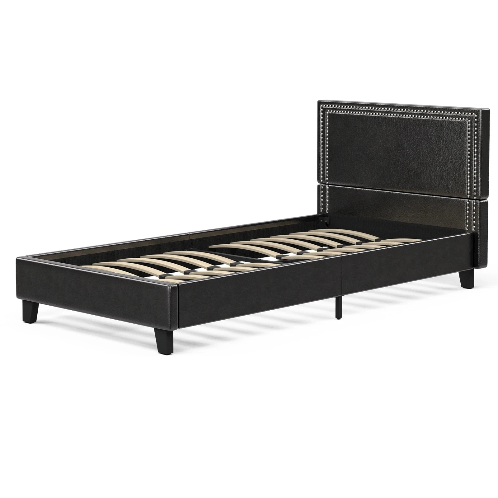 Hot Selling Modern Design Black Bed Frame with Nailhead Trim Headboard with Faux Leather Upholstered Panel Bonded Platform Bed
