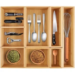 Kitchen Drawer Organizer for Utensils Grid Silverware Tray Bamboo Drawer Organizers Cutlery Storage with Removable Dividers