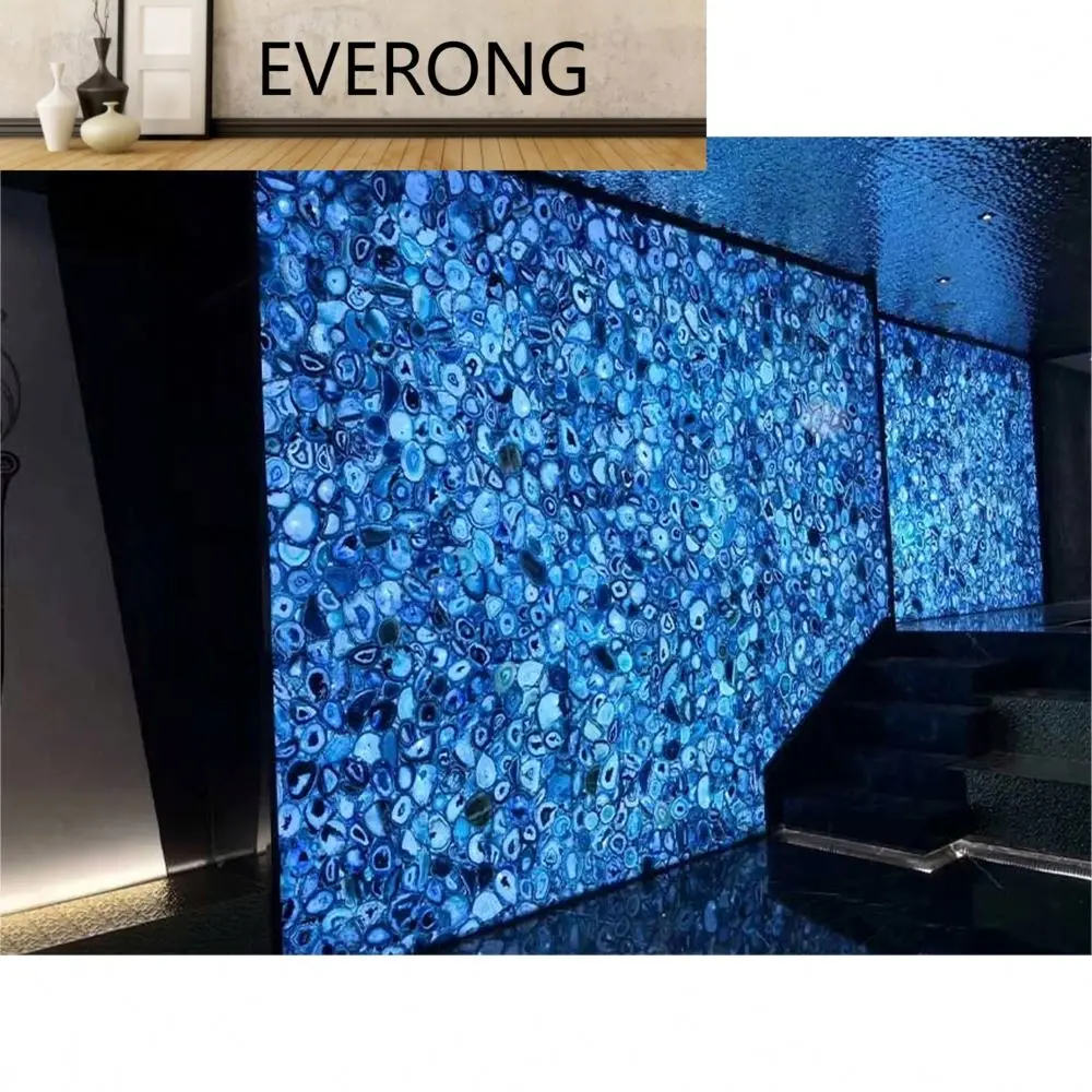 Translucent Stone Marble Factory Wholesale 5mm Natural Jade Blue Agate Slab Panels Polished Interior Design Gemstone Slab