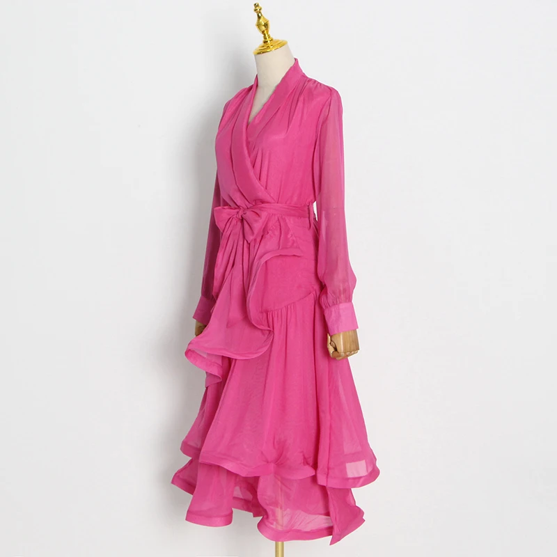 TWOTWINSTYLE Ruffle Dress For Women Lace Up High Waist Asymmetrical Midi Dresses Female Clothes