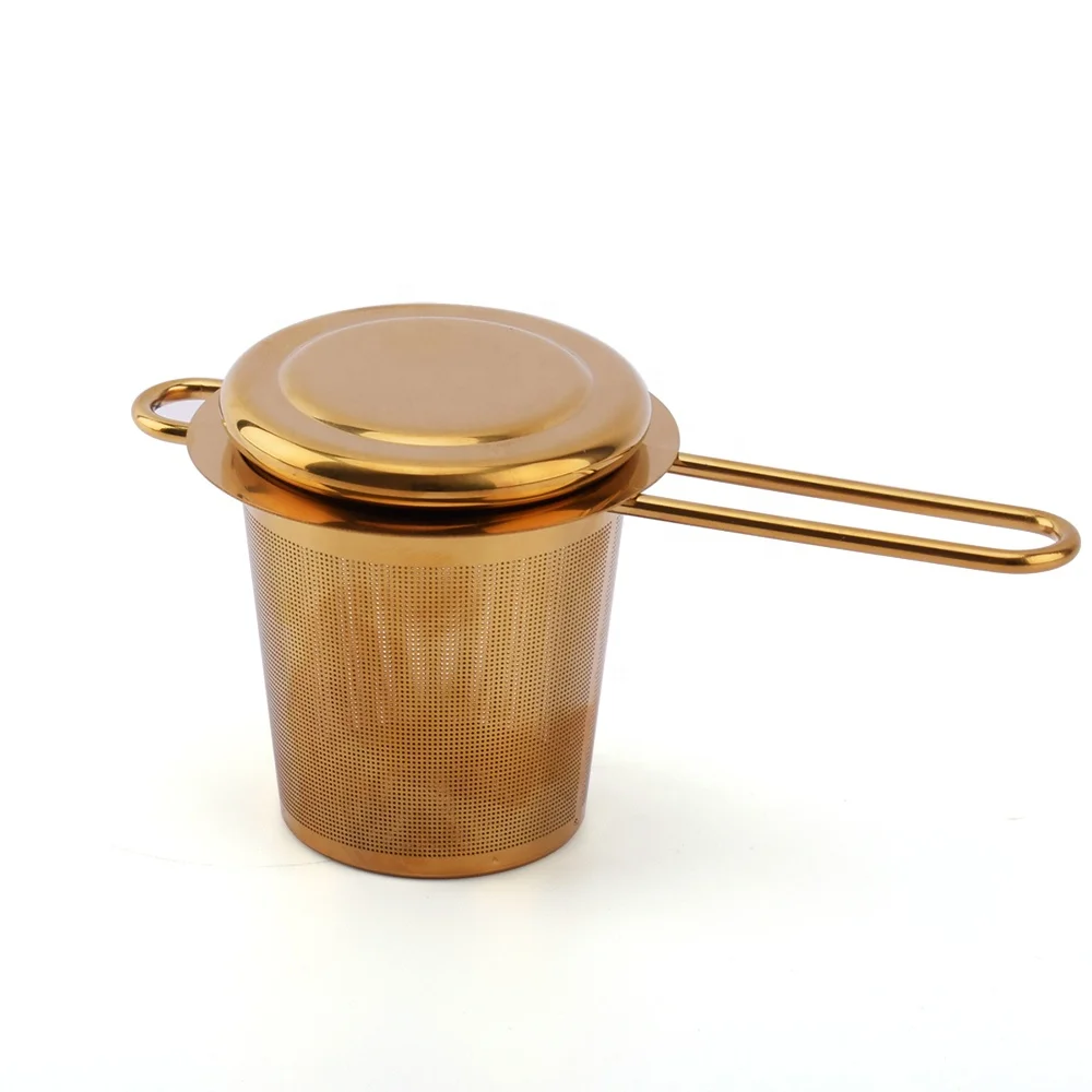 Gold Stainless Steel Tea Infuser Strainer Basket for Loose Leaf Tea with Lid and Fixed Handle