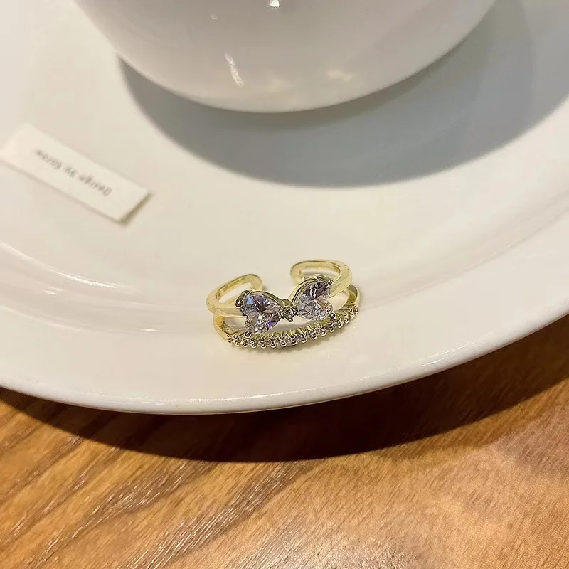 Korean Adjustable Small Cute Pearl Rings Jewelry Ladies Hollow Out Open Bowknot Gold Finger Ring