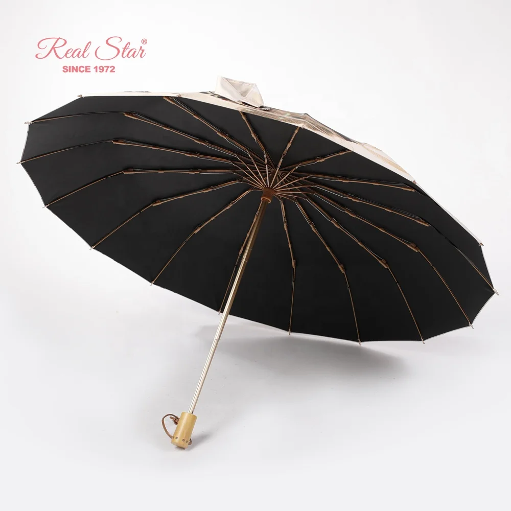 RST luxury Chinese traditional style 16 ribs fold golden frame umbrella wood handle UV sun umbrella