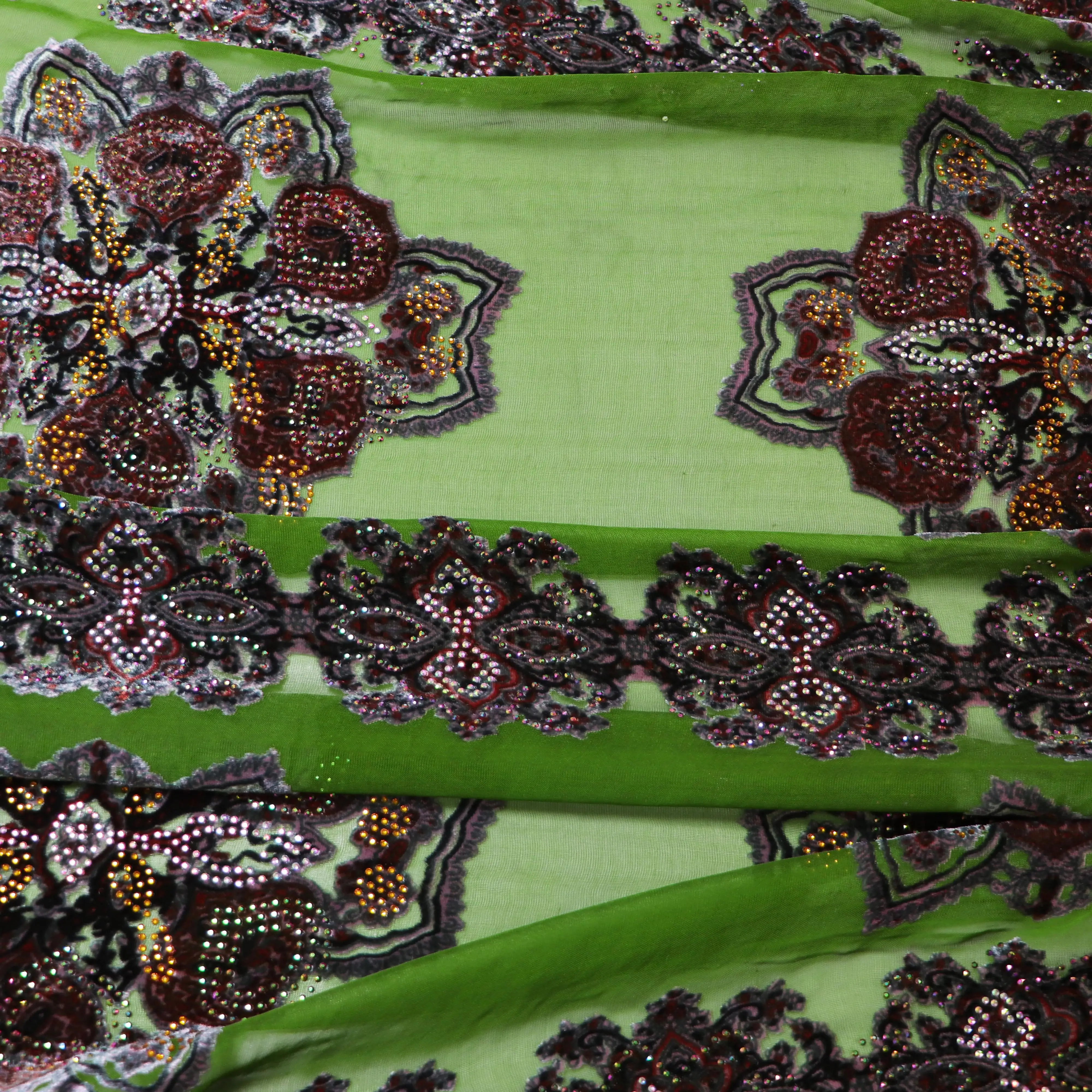 New Design  Silk  Velvet with stones  Patch embroidery lace fabric for Luxury Lady Evening Clothes