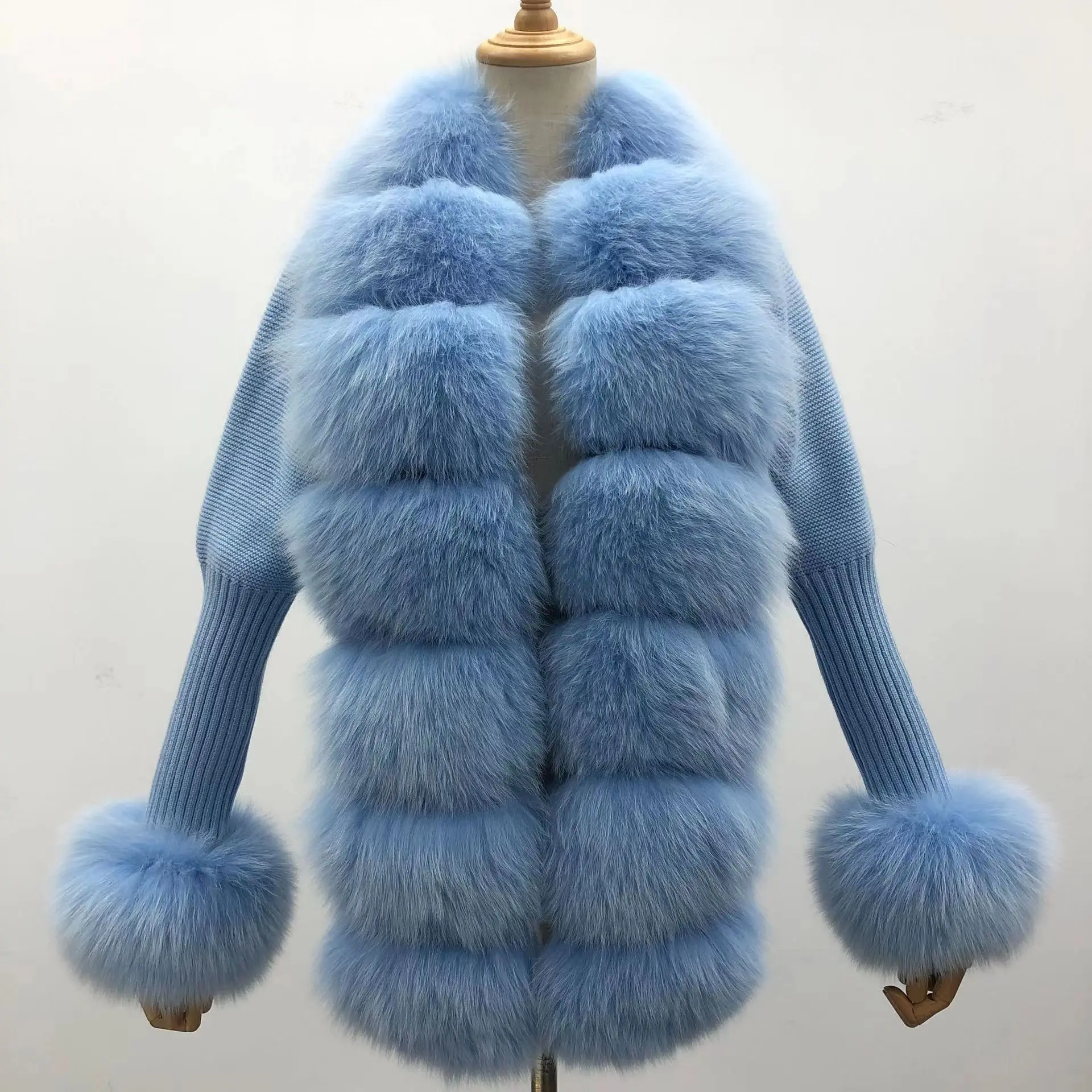 Ladies Slim2022 Fleece Winter Short Fox Fur Coat Warm Wool Puff Sleeve Jacket Knitted Real Fur Sweater Cardigan For Women