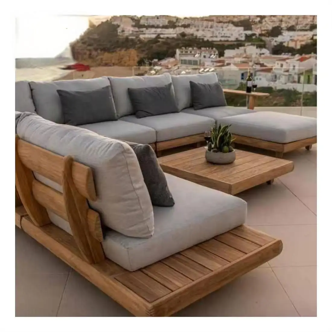 luxury Modern Waterproof Teak Wood Furniture with Cushions Living Room Balcony Garden Patio Hotel Sectional modular Outdoor Sofa