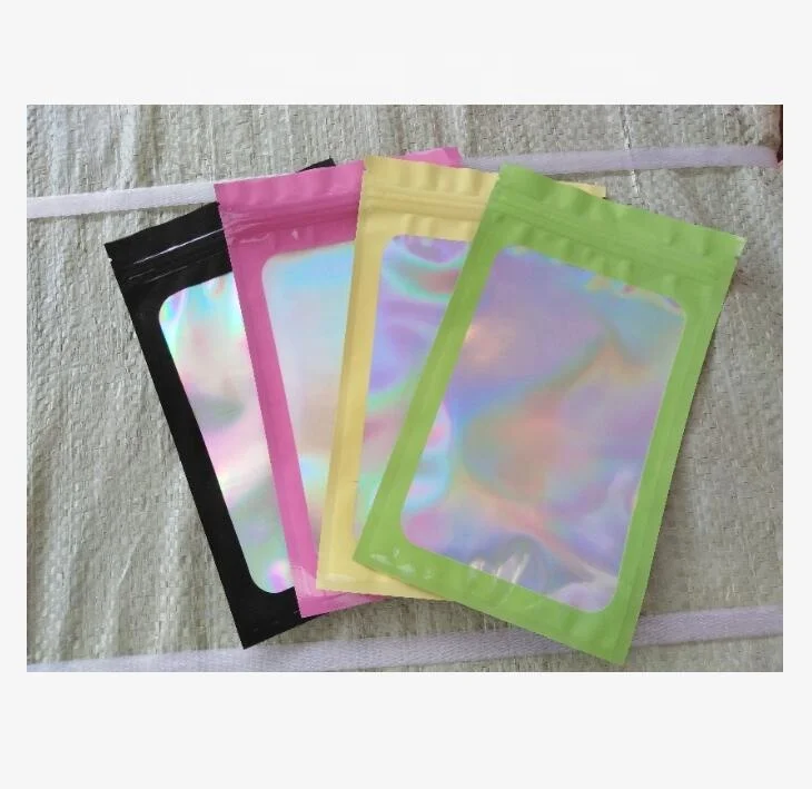 Colorful plastic zip flat bag inside hologram window bag mobile phone case packing bags