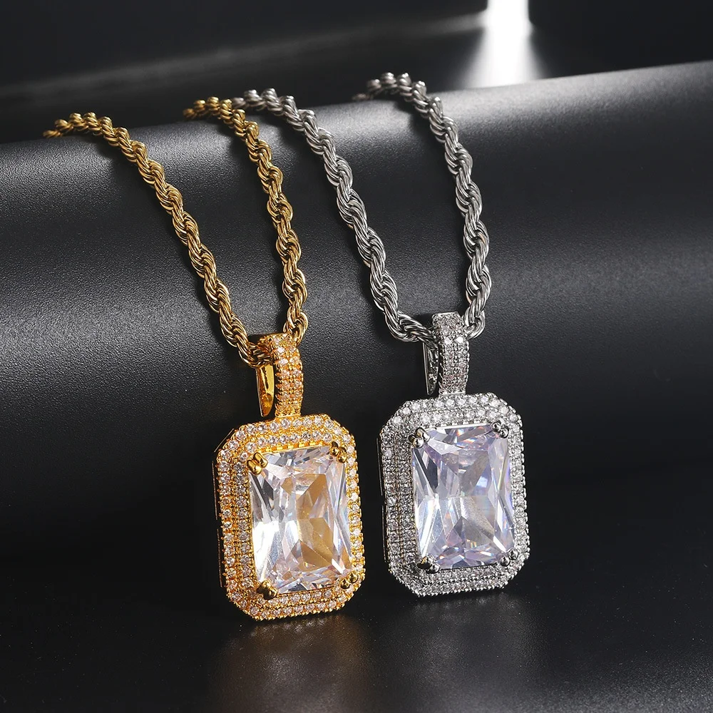 IG Bust Down Red Ruby Blue Pink Gem Iced Out Charm Square Pendant Necklace CZ Hip Hop Diamond Women Men Jewelry