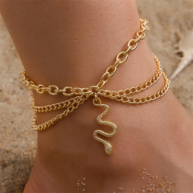 New Style Hollowed-Out Chain Feet Tassel Snake Pendant Triple Gold Plated Three Layers Chain Anklet Women