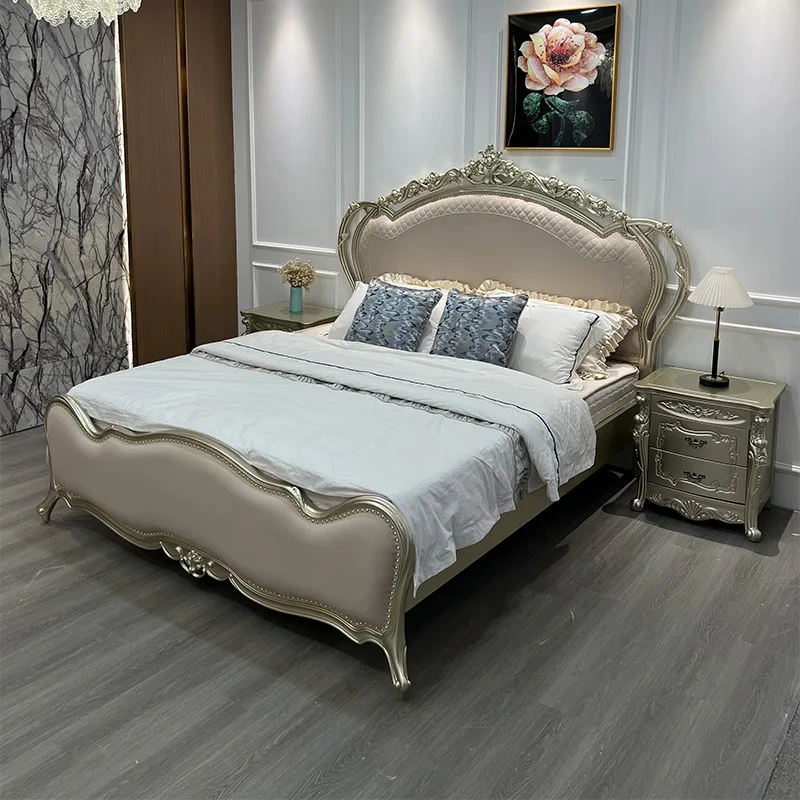 European Luxury Double Bed Modern White Antique Style Royal Wooden Double Bed King Size Upholstered Bed Frame