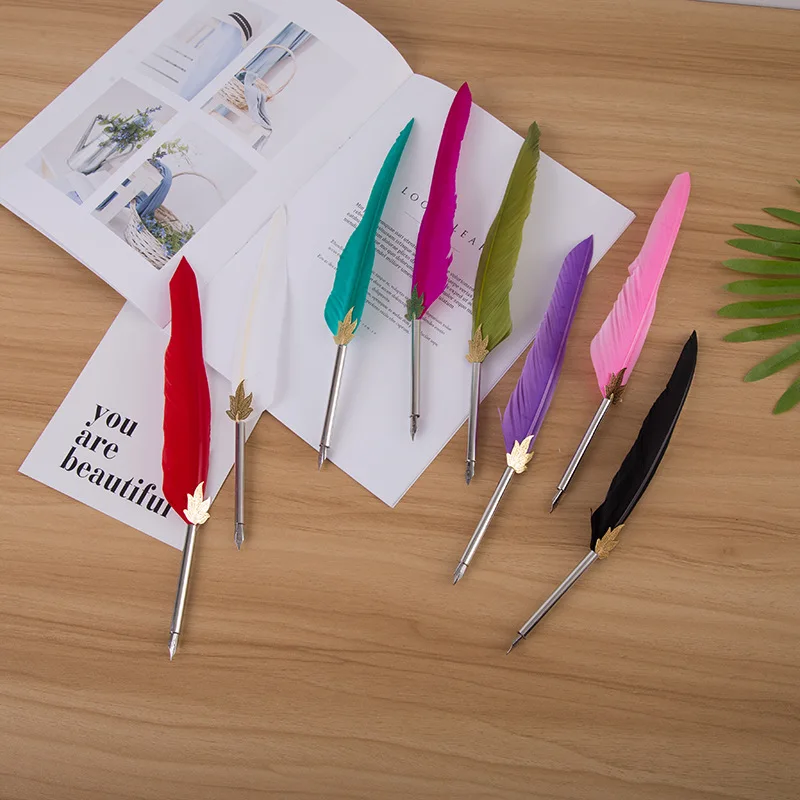 Luxury Natural Feather Metal Ball Pens Custom Logo Rose Gold Special Quill Pen Wholesale Promotional Ballpoint Pen