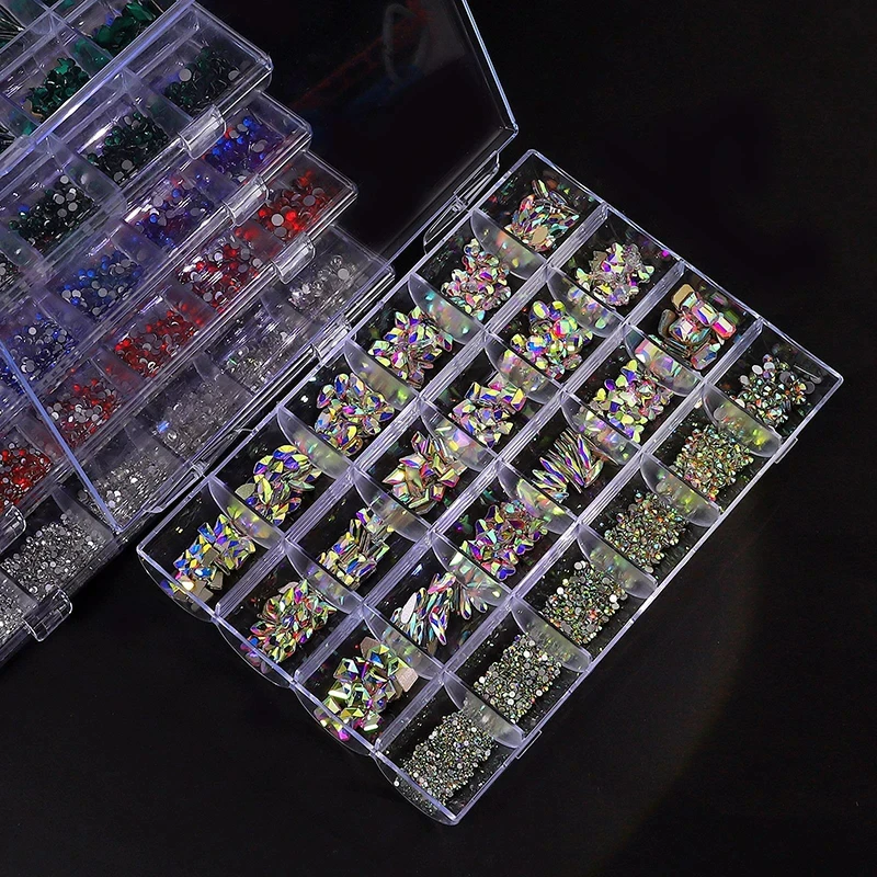 24 Grid Diamond Jewelry Set for Nail Art Decorations Nail Ab Flat Bottom Drill Art Luxe Nail Shaped Diamond Illusion Color