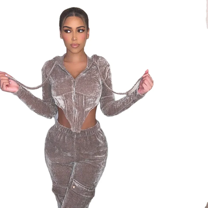 
Casual Velvet Two Piece Set Women Long Sleeve Bodycon Hooded Matching Sets Wear Outfits Corset Tops Skinny Work Out Pants Suit 