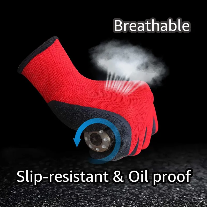 Construction Worker Gloves Red Nitrile Latex for Warehouse Assembly Abrasion Resistant Black Latex Coated Safety Work Gloves
