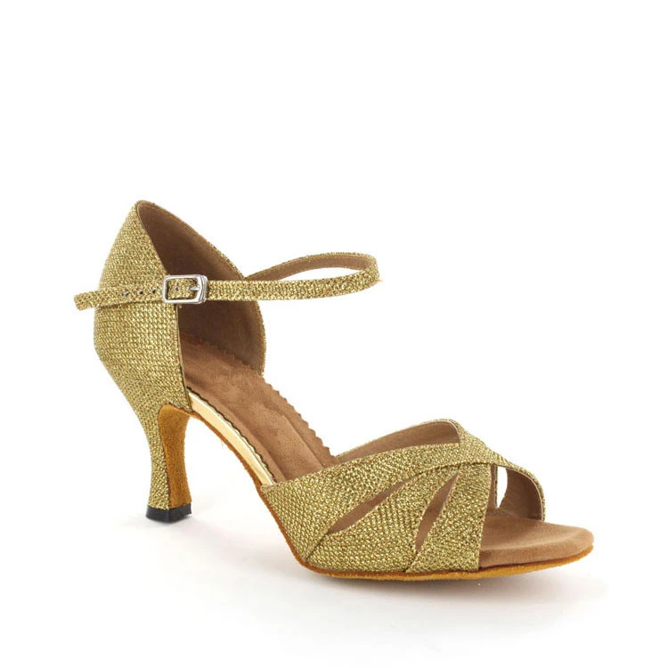 
Wholesale kids cheap gold glitter ballroom latin dance shoes with flared heel 