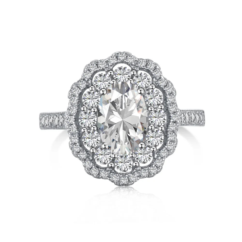 Dylam Top End Collection Rhodium Plated 925 Sterling Silver Diamond Sparkling Big Stone Flower Eternity 5A Zirconia Ring