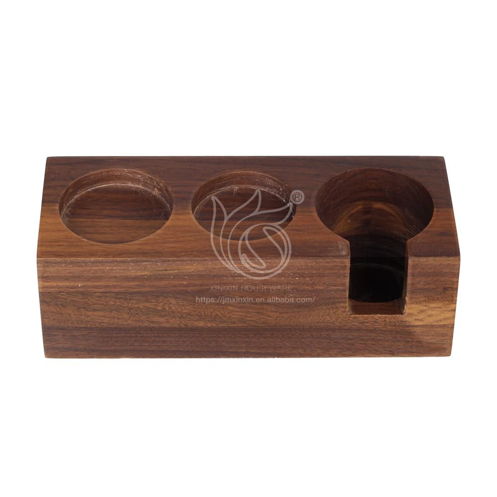 Eco-Friendly Traditional Style Wooden Espresso Tamper Stand Coffee Tamping Station with Mat