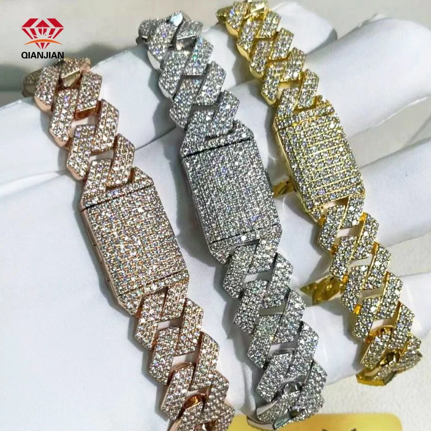 Hip Hop Custom 18K Gold Plated 925 Silver Bangle Lab Diamond VVS Moissanite White Gold Bracelet For Men