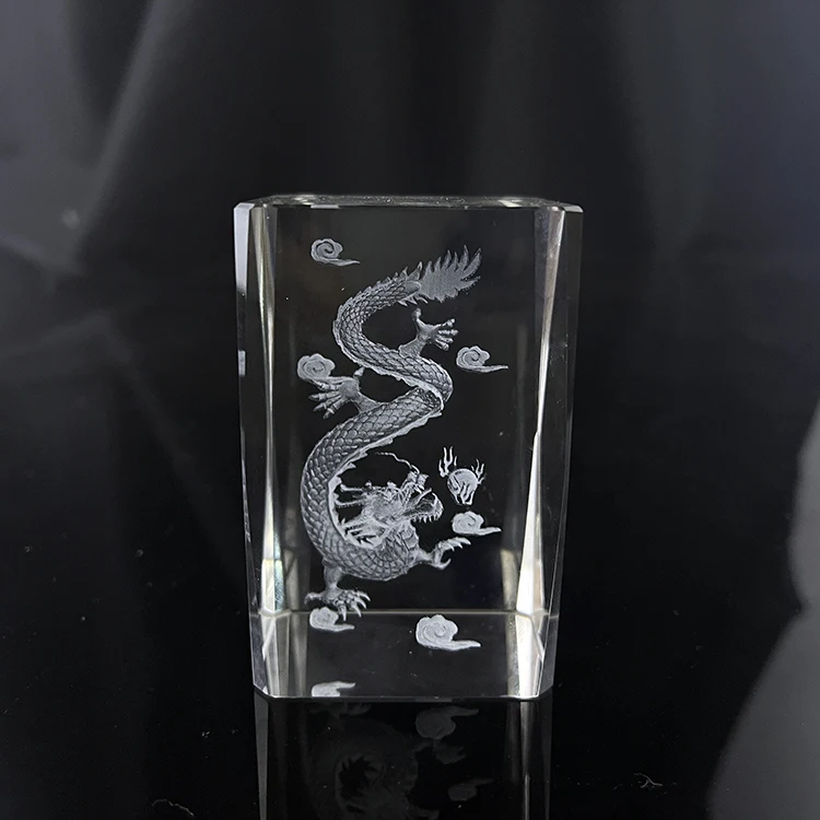 Etched Dragon Crystal Block paperweight MH-F0165