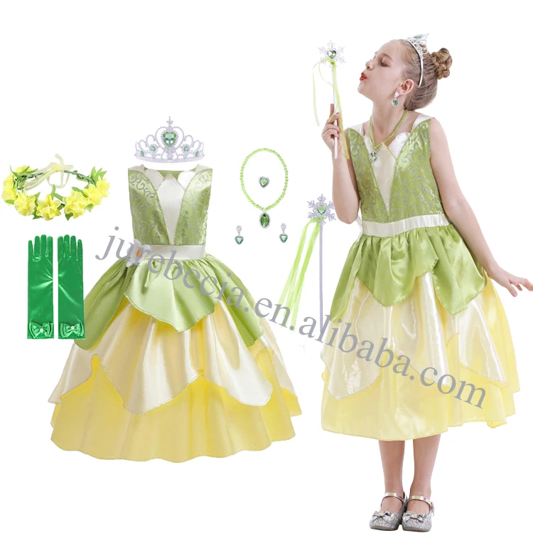 Jurebecia Princess Tiana Costume for Girls Green Frog Dress Kids Dress Up Fancy Halloween Birthday Party Fairy Outfits 3-8T
