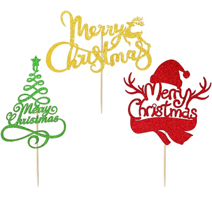 Christmas Tree Snowflake Snowman Cane Candy Santa Claus Sledge Cake Toppers Cupcake Toppers for Merry Christmas Party Supplies