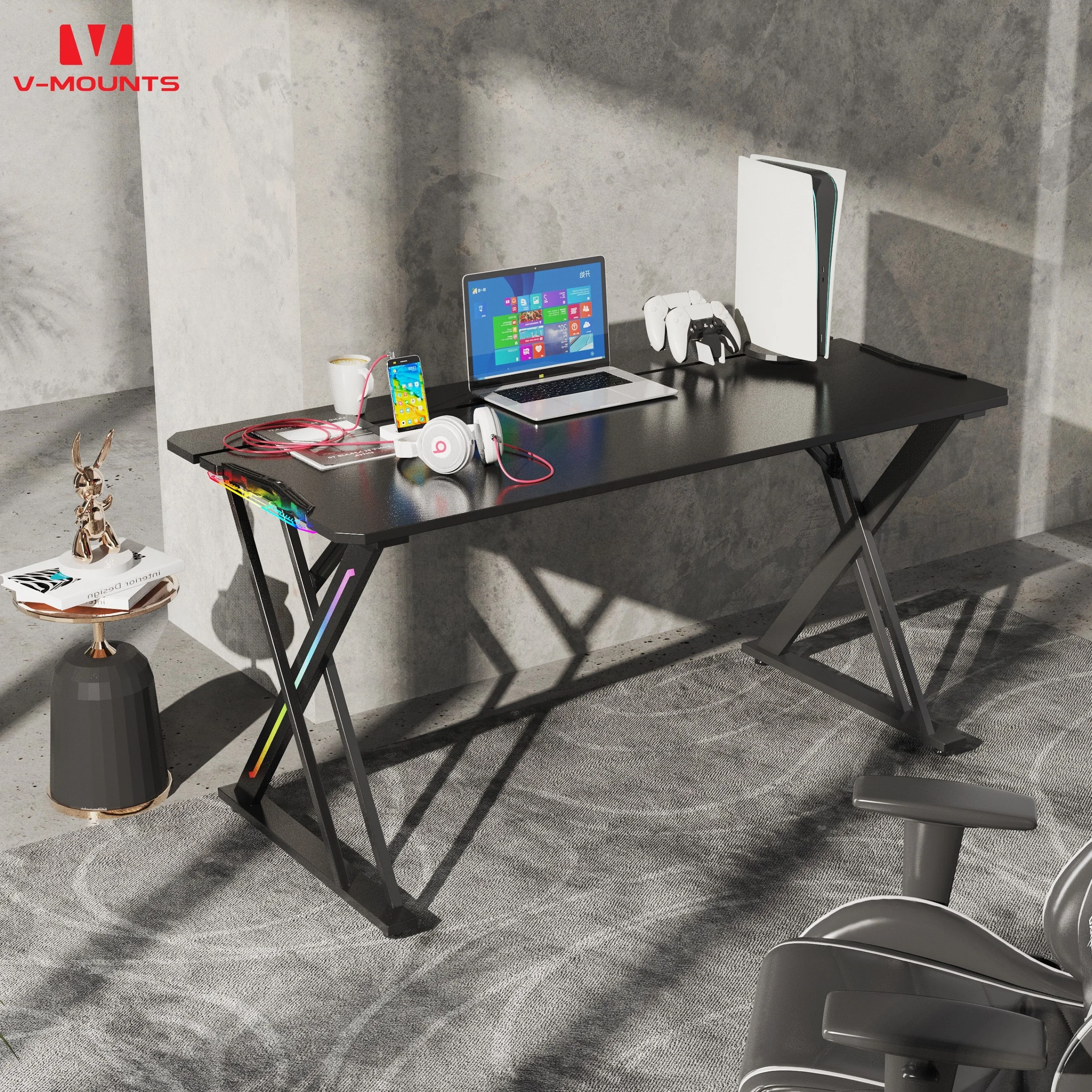 V-mounts Gaming Desk Table High Excellent Load-Bearing Capacity for Home Office Computer Desk Wooden with RGB LED Light