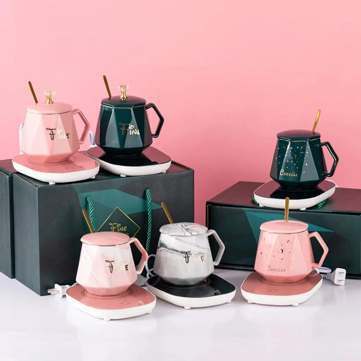 amazon top seller custom unique bulk christmas ceramic macaron coffee couple smart mug cup warmer set gift box with spoon luxury