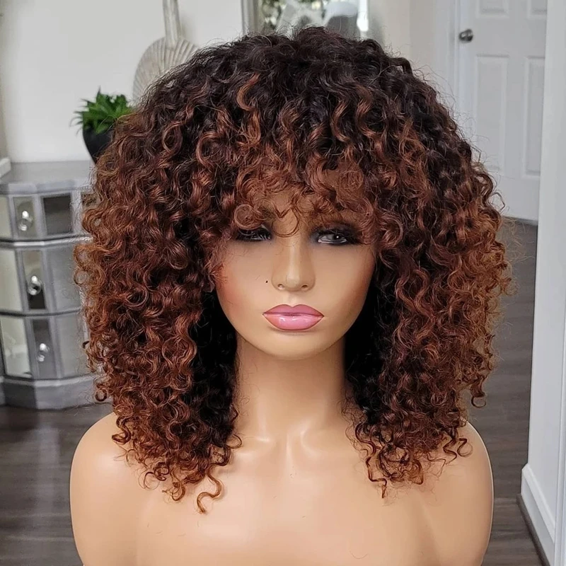 Cute Curly Wave Ombre Brown Colour Cuticle Aligned Human Hair Lace Front Wig With Hair Bang