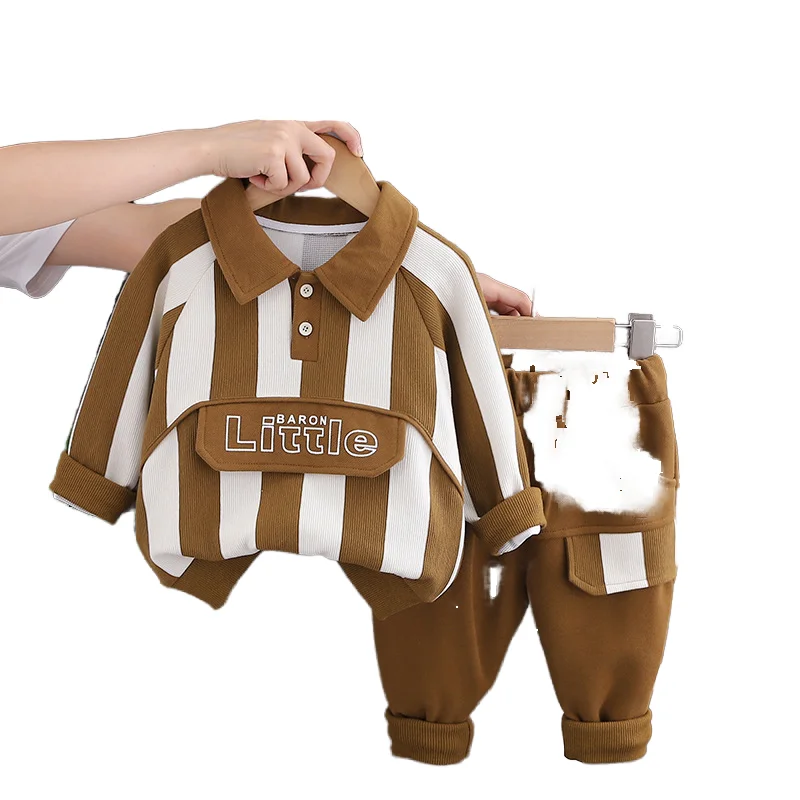 Kids Clothing sets Boys Girls School Set Khaki School Uniform Collar long sleeve Toddler Vertical Striped polo Sweater pants Set
