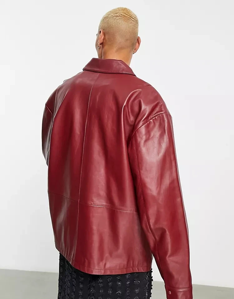 OEM custom logo button terry embroidery red PU leather waterproof fashion winter warm coat