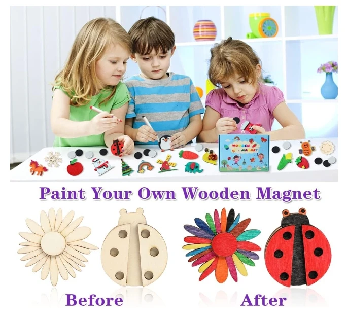 DIY Wooden Magnets Wooden Art Craft Supplies Painting Kit Kids Party Favors Boys Girls Birthday Easter Gifts Toys Basket