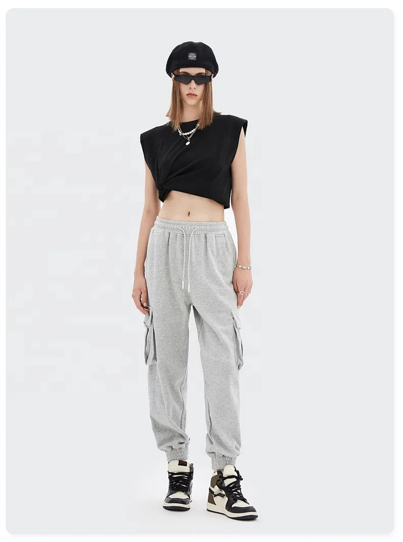 Trendy shoulder pad plain sleeveless t shirts loose fit womens tank top cotton high street basic