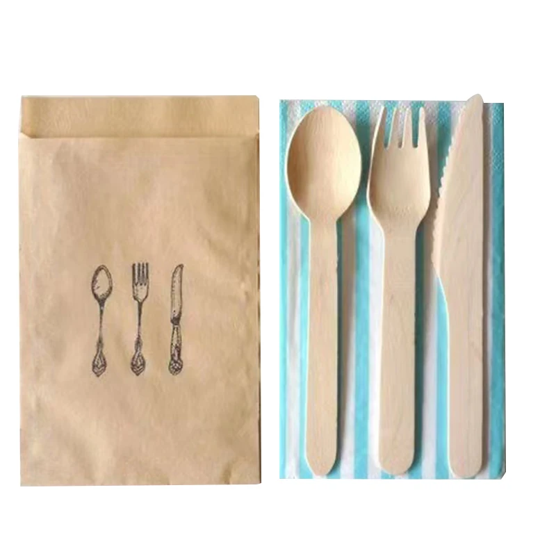 Cheap Individual Wholesale Custom Printed Disposable Recycled Kraft Paper Bag For Cutlery Set
