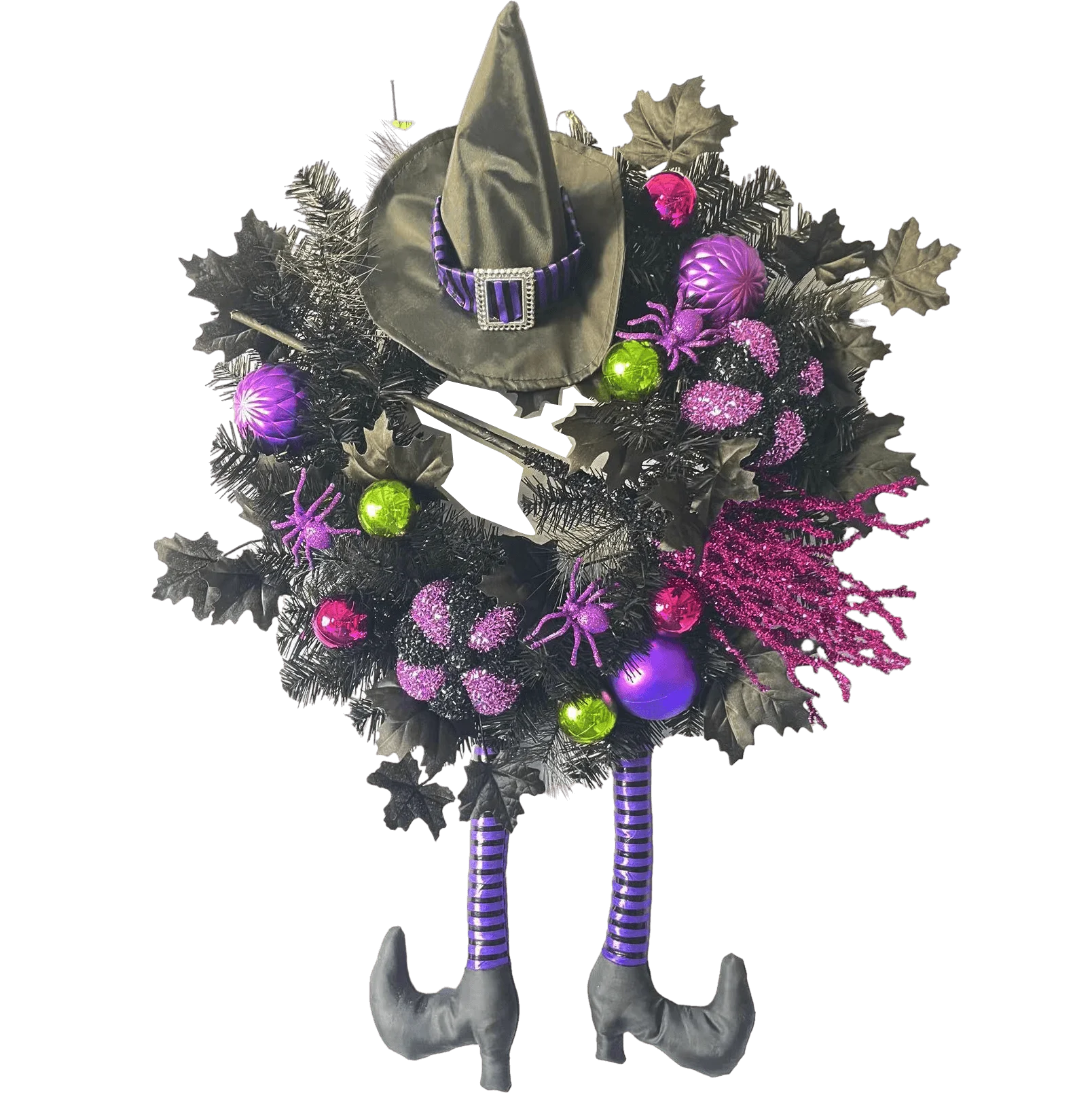 Senmasine 24 Inch Front Door Decoration Purple Baubles Glitter Broom Stripe Legs Hanging Halloween Wreaths Witch