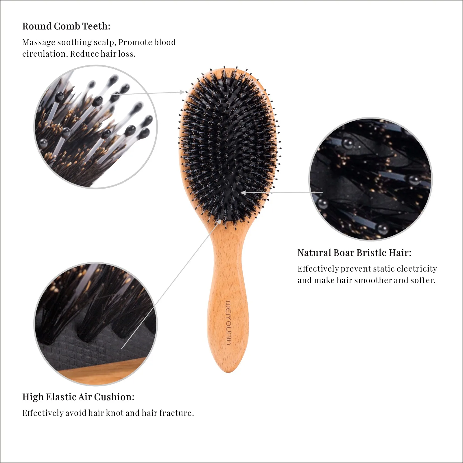 detangling soft boar bristle tangle free bamboo/wooden curly hair brush