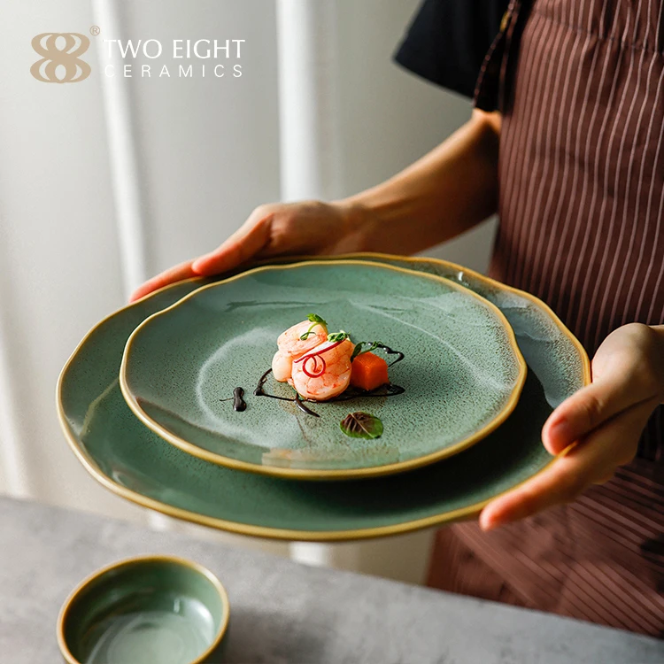 Wholesale Green Glazed Dinner Plates Sets Dinnerware Restaurant Tableware Supplier Rustic Porcelain Ceramic Dishes Plates Set