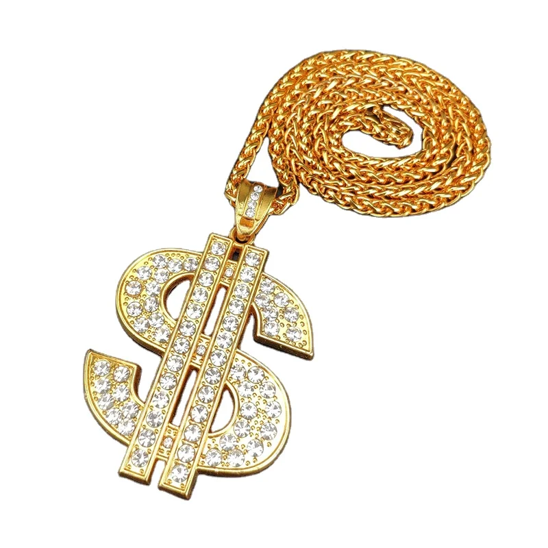 18K Gold Plated Chain with Dollar Sign Pendant Necklace Old School Hip Hop Rotatable Dollar Necklace 80s 90s Rapper Costume Big