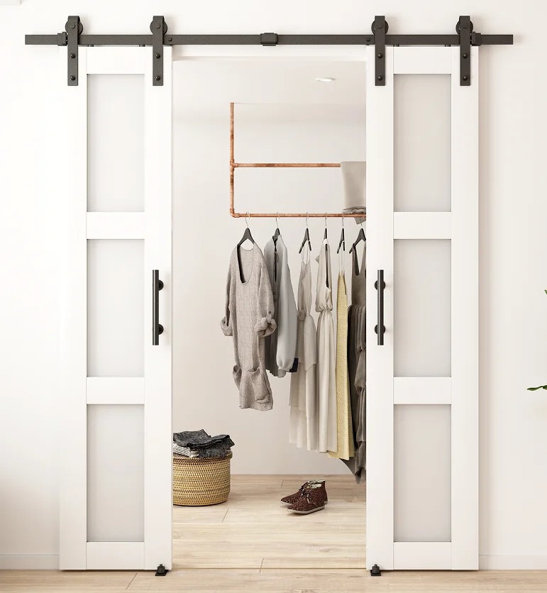 Double knocked down 3 lites White Barn Door with  barn door hardwares,Sliding Barn Door