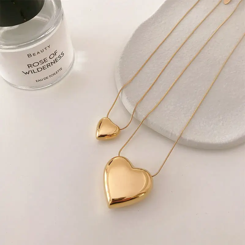Custom Non Tarnish Free Waterproof Jewelry 18K Gold Plated Stainless Steel Snake Chain Link Big Heart Necklace collar