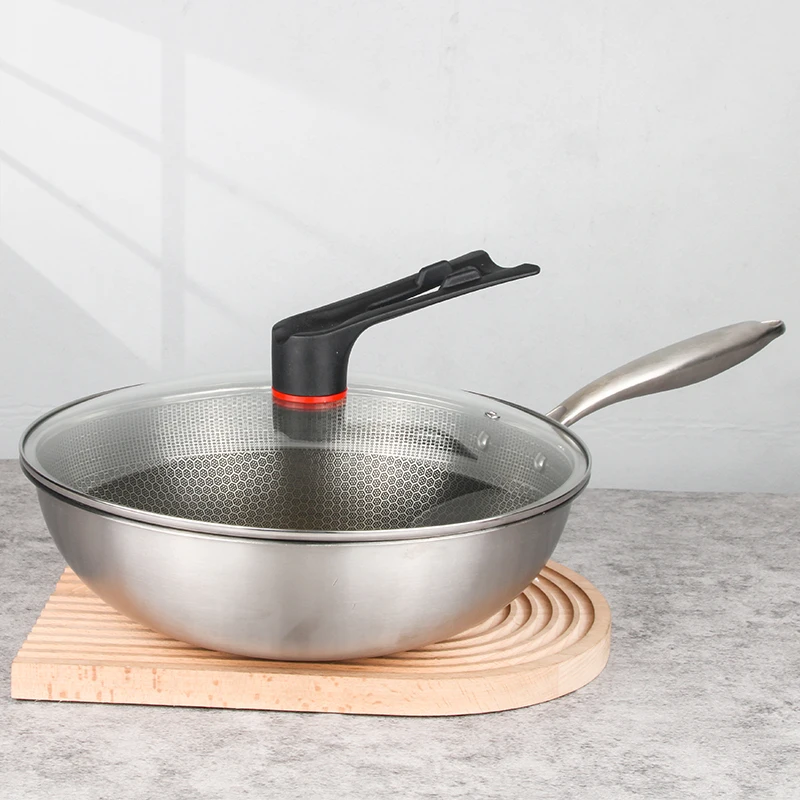 Good Quality Thickened Stainless Steel Wok Honeycomb Nonstick Frying Pan With Glass Lid