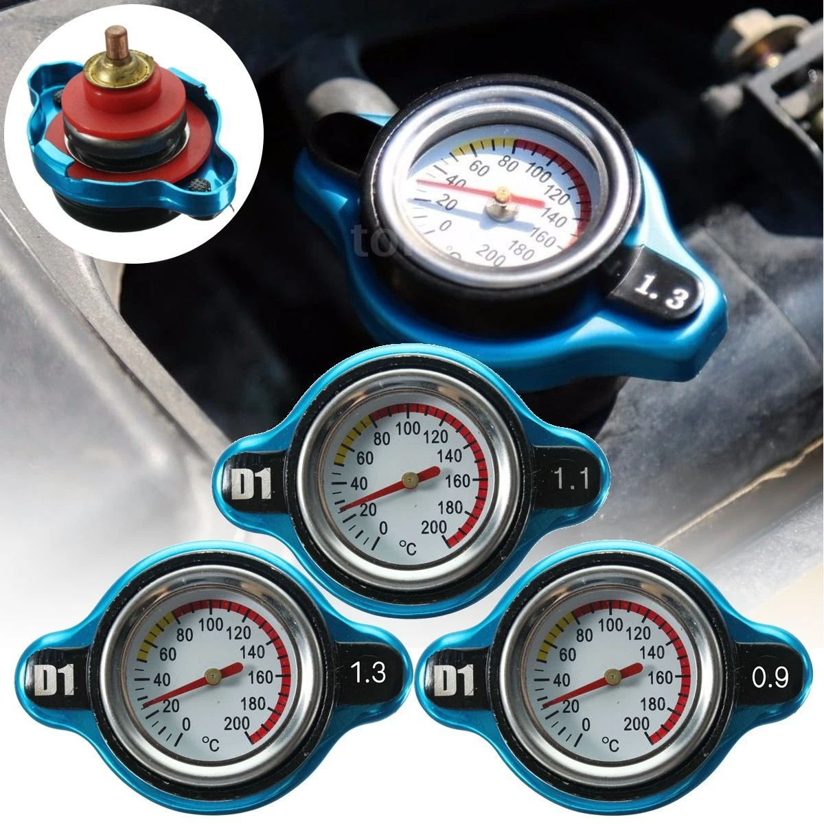 D1 Spec Racing Water Gauge Meter Radiator Cap + Water Temp gauge 0.9bar/1.1bar/1.3bar Universal Water Radiator Cap