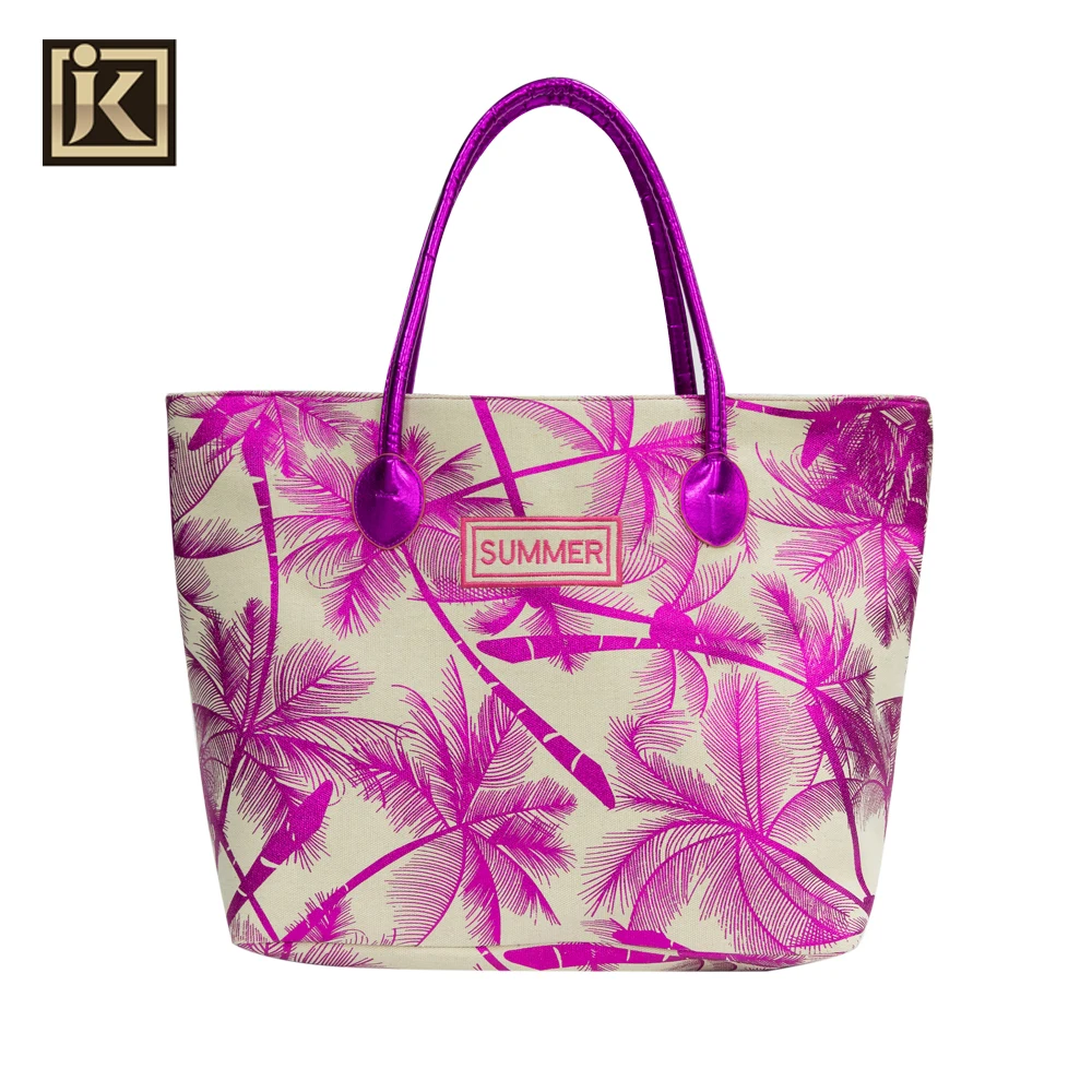 JAKIJAYI Summer Hawaii Coconut Print Custom Your Logo Leather Rope Handle Straw Beach Bag Tote