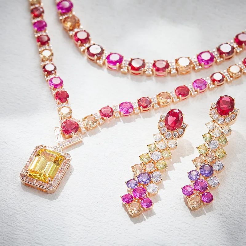 trendy bridal jewellery luxury yellow cz diamond pendant necklace set with earrings for women charm ready to ship