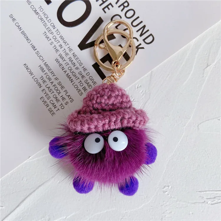Cute Wear Hat Pompom Black Small Coal Mink Pom Poms Wear Hat Key Chain Keychain