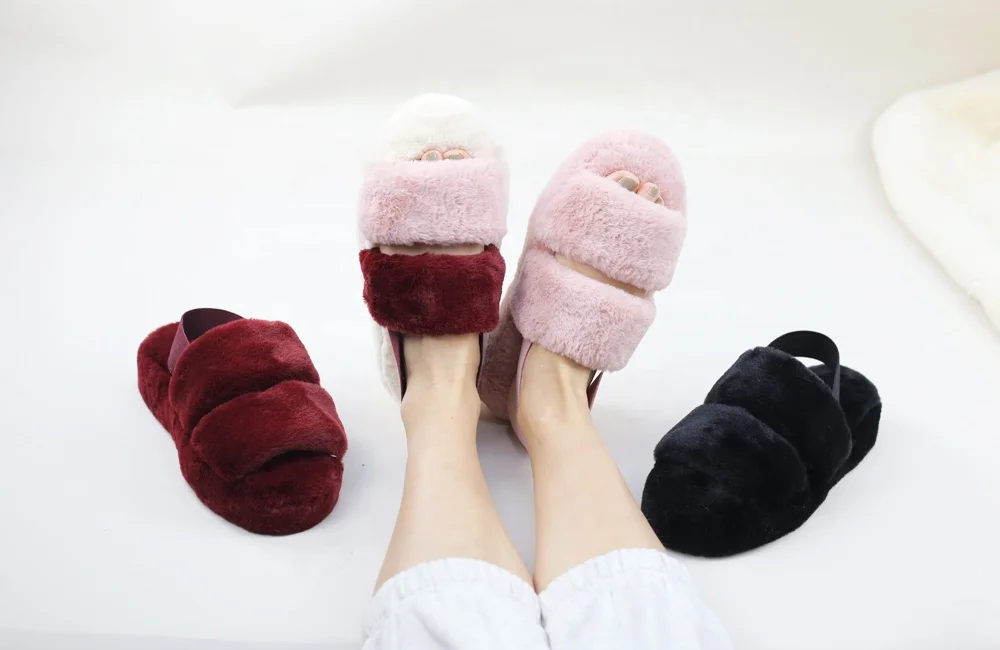 High heel Open toe Wedge Faux Fur Indoor House Fluffy Furry YEAH Sheepskin Slippers for women