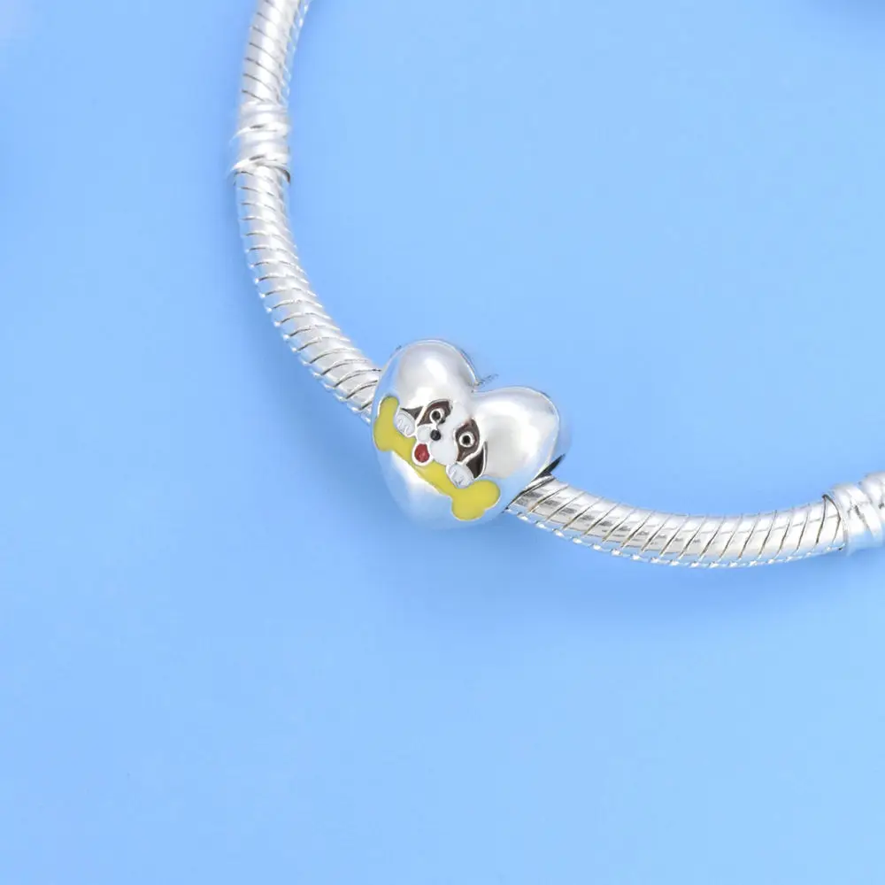 Customized Your Logo 925 Sterling Silver dog and its bone Heart Bead Charm For Bracelet Fashion DIY Women Jewelry making amulet