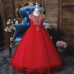 3-12 Years Red Kids Girls Princess Wedding Dress Embroidered Gown for Girls Multilayer Big Girl Dresses for Birthday Party