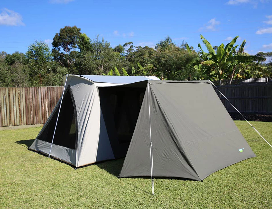 Outdoor four season waterproof cotton canvas camping flex bow spring bar tent with shelter