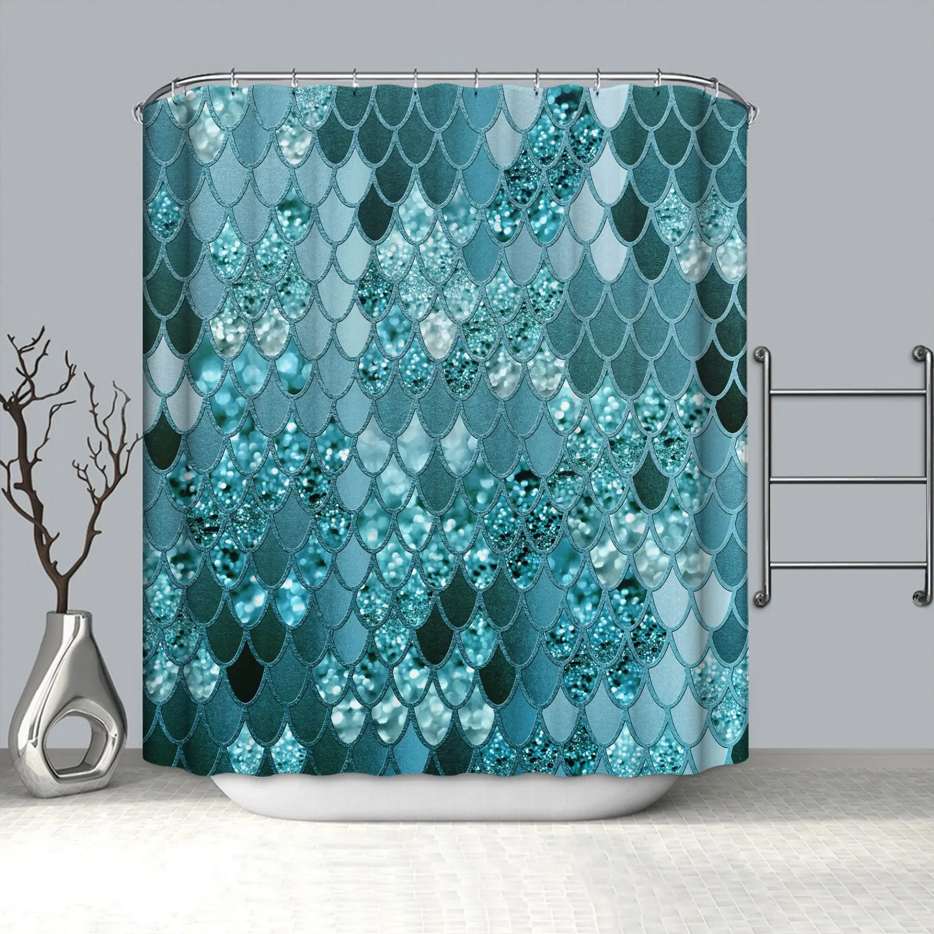 Factory Price Eco-Friendly Polyester Diamond Print Waterproof Shower Curtain Set with Non-Slip Bathroom Rugs Mats for Bathrooms